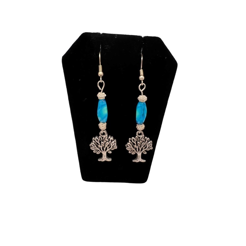 Vintage Tree of Life Turquoise Dangle Pierced Silver Tone Earrings